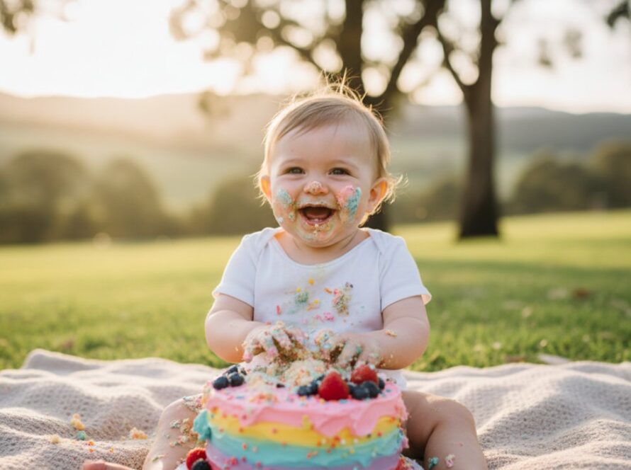 An adorable baby, covered in frosting from a Woori Yallock enchanting first birthday cake smash, laughing joyfully amidst soft pastel decor and a warm golden afternoon light filtering through gum trees, capturing a truly epic and memorable moment of pure delight.