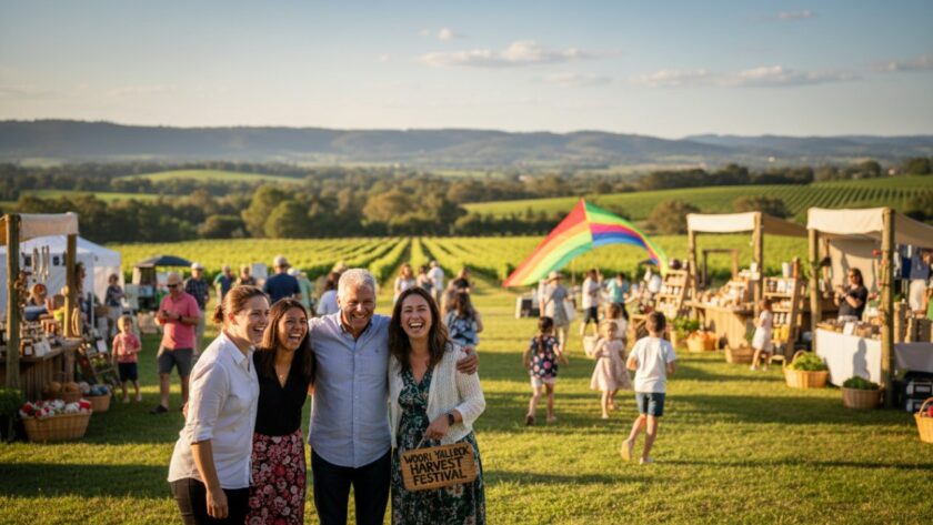 A vibrant, candid photograph capturing genuine joy during Woori Yallock event photography, featuring guests laughing and clinking glasses at an outdoor celebration with the Yarra Ranges in the background, bathed in warm golden hour light.