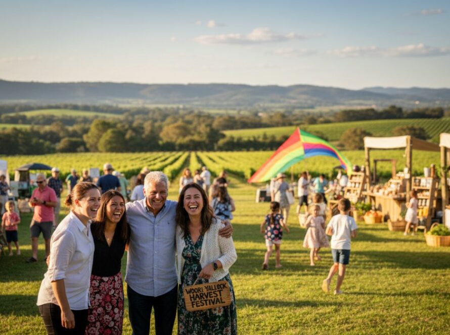 A vibrant, candid photograph capturing genuine joy during Woori Yallock event photography, featuring guests laughing and clinking glasses at an outdoor celebration with the Yarra Ranges in the background, bathed in warm golden hour light.