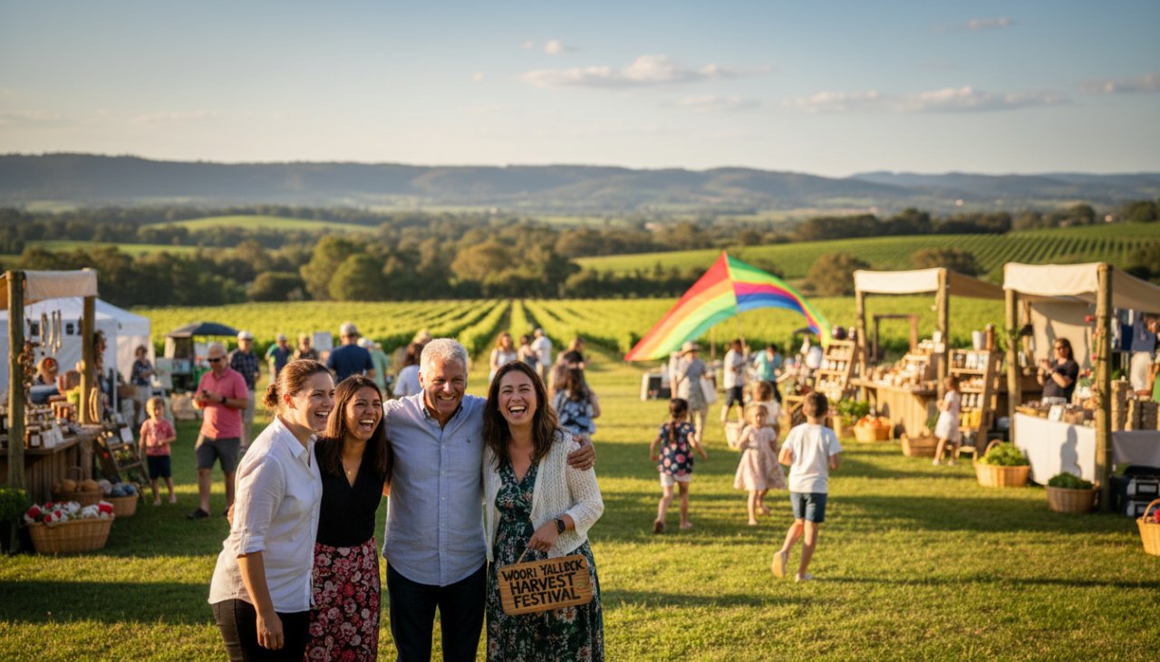 A vibrant, candid photograph capturing genuine joy during Woori Yallock event photography, featuring guests laughing and clinking glasses at an outdoor celebration with the Yarra Ranges in the background, bathed in warm golden hour light.