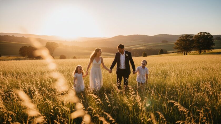 An epic moment captured in Woori Yallock family photography authentic outdoor portraits, featuring a joyous family embracing amidst golden hour light in a sun-drenched field, with the Yarra Ranges in the background.