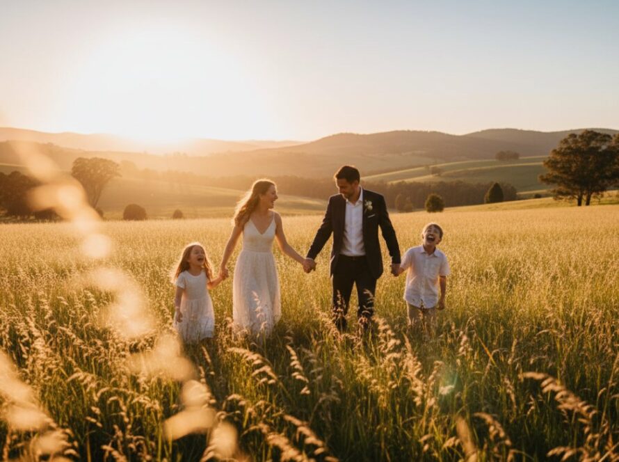 An epic moment captured in Woori Yallock family photography authentic outdoor portraits, featuring a joyous family embracing amidst golden hour light in a sun-drenched field, with the Yarra Ranges in the background.