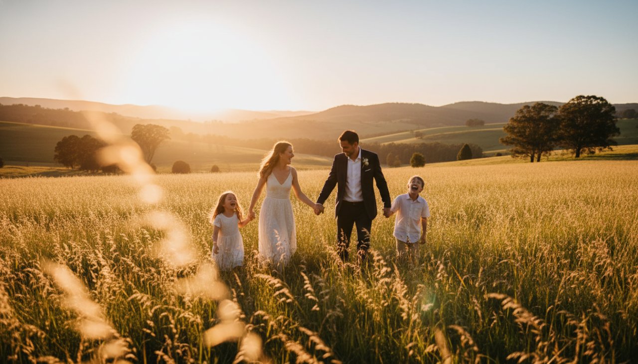 An epic moment captured in Woori Yallock family photography authentic outdoor portraits, featuring a joyous family embracing amidst golden hour light in a sun-drenched field, with the Yarra Ranges in the background.