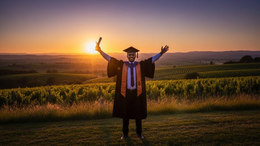 A proud graduate in academic regalia, beaming with joy against the scenic backdrop of the Yarra Valley vineyards at sunset, exemplifying Woori Yallock graduation photography capturing success.