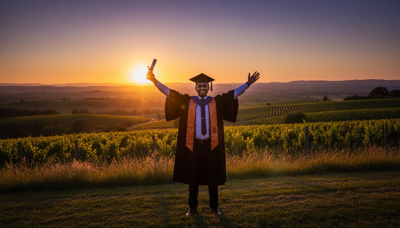 A proud graduate in academic regalia, beaming with joy against the scenic backdrop of the Yarra Valley vineyards at sunset, exemplifying Woori Yallock graduation photography capturing success.