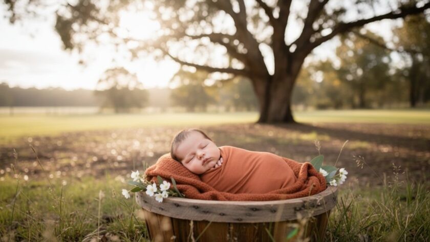 An exquisite, cinematic wide-angle photograph capturing a serene newborn baby wrapped in a soft, earthy-toned blanket, gently nestled in a handcrafted wooden basket amidst the soft, dappled morning light filtering through the eucalypt trees on a picturesque property in Woori Yallock, Victoria. The scene exudes a tranquil, natural beauty, with a focus on the baby's delicate features and the gentle, embracing Australian bushland surroundings. Woori Yallock newborn photography outdoor natural light at its finest.