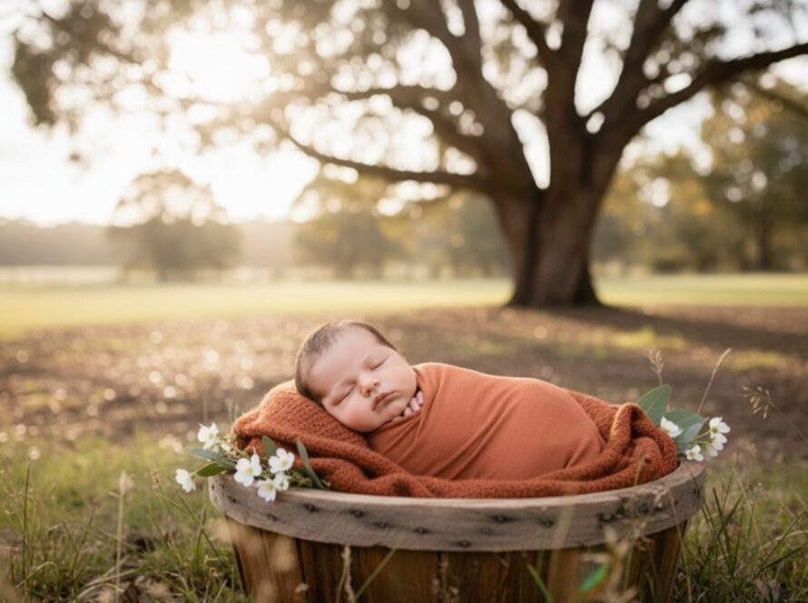 An exquisite, cinematic wide-angle photograph capturing a serene newborn baby wrapped in a soft, earthy-toned blanket, gently nestled in a handcrafted wooden basket amidst the soft, dappled morning light filtering through the eucalypt trees on a picturesque property in Woori Yallock, Victoria. The scene exudes a tranquil, natural beauty, with a focus on the baby's delicate features and the gentle, embracing Australian bushland surroundings. Woori Yallock newborn photography outdoor natural light at its finest.