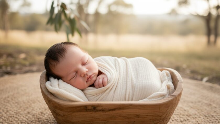 A serene and artistic 'Woori Yallock newborn photography timeless portraits' image, showing a sleeping baby swaddled in soft organic fabric, nestled safely in a rustic wooden basket amidst gentle natural light, with a faint, dreamy background suggesting the rolling hills of the Yarra Valley.