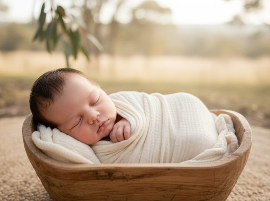 A serene and artistic 'Woori Yallock newborn photography timeless portraits' image, showing a sleeping baby swaddled in soft organic fabric, nestled safely in a rustic wooden basket amidst gentle natural light, with a faint, dreamy background suggesting the rolling hills of the Yarra Valley.