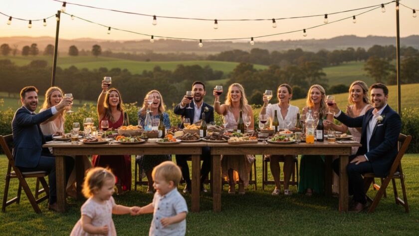 A vibrant, candid moment captured by Woori Yallock party photography, showing guests laughing and dancing under string lights at a rustic outdoor celebration in the Yarra Valley, reflecting pure joy.