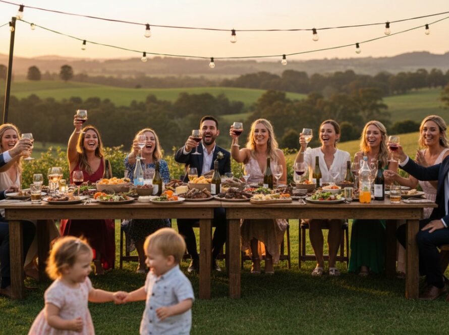 A vibrant, candid moment captured by Woori Yallock party photography, showing guests laughing and dancing under string lights at a rustic outdoor celebration in the Yarra Valley, reflecting pure joy.