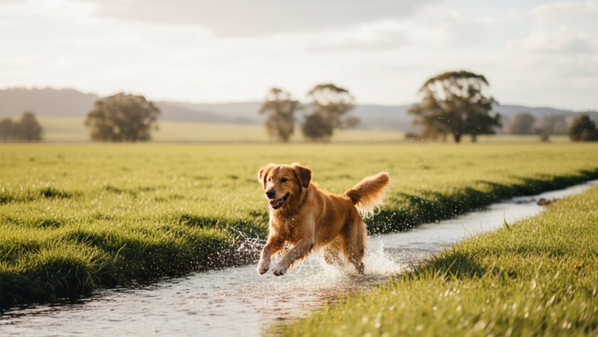 An epic moment of a golden retriever joyfully leaping through a sun-dappled field in Woori Yallock, tail wagging, capturing Woori Yallock pet photography capturing joyous furry friend moments.