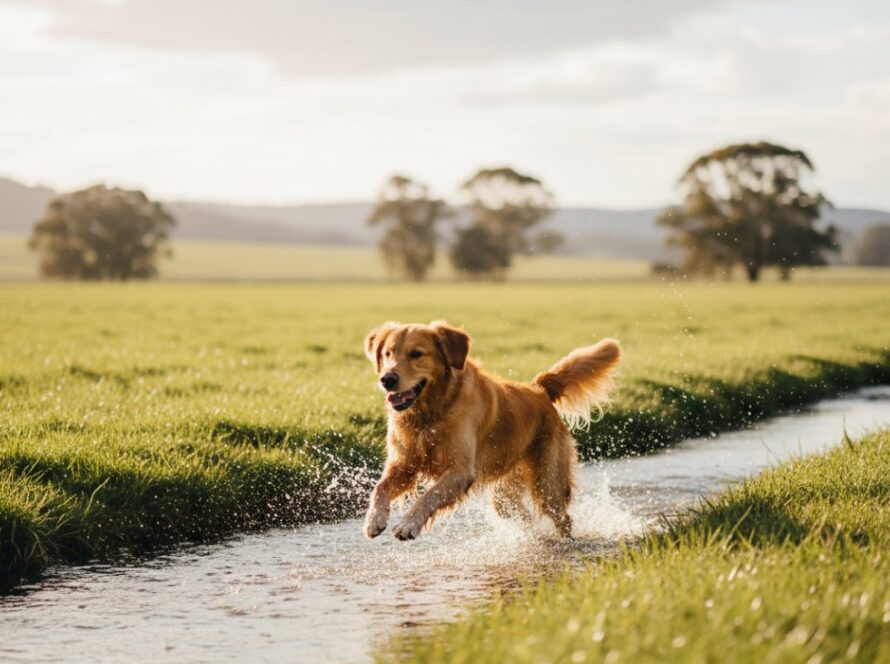 An epic moment of a golden retriever joyfully leaping through a sun-dappled field in Woori Yallock, tail wagging, capturing Woori Yallock pet photography capturing joyous furry friend moments.