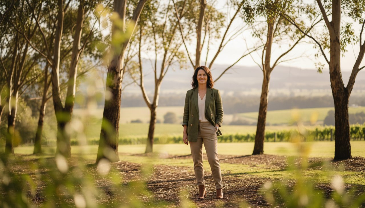 A captivating candid professional headshot for a local creative in Woori Yallock, featuring warm afternoon light filtering through gum trees, highlighting a confident individual with a subtle, genuine smile, showcasing authentic Woori Yallock professional headshots for local creatives.