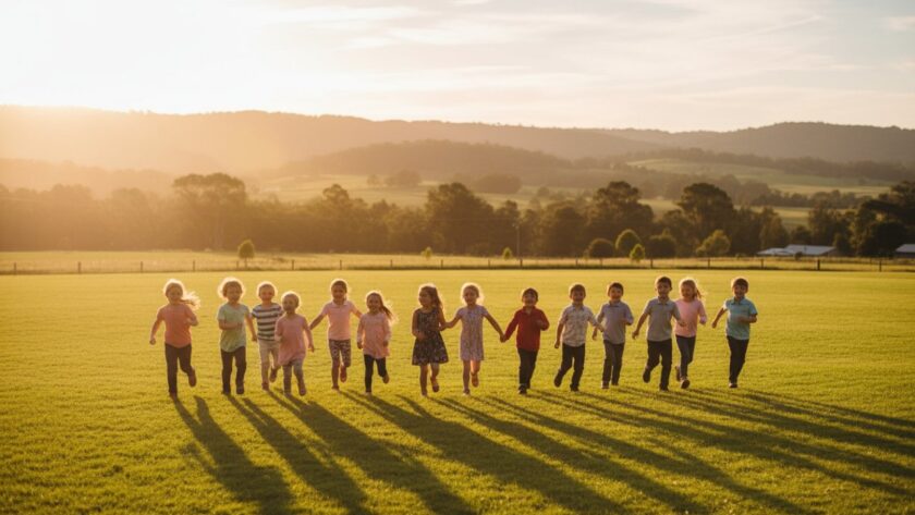 An epic moment captured in Woori Yallock school photography, showing a group of diverse primary school children laughing joyfully together on a sun-drenched oval, with the lush green hills of the Yarra Valley in the background, a warm golden hour glow, evoking genuine happiness and friendship.