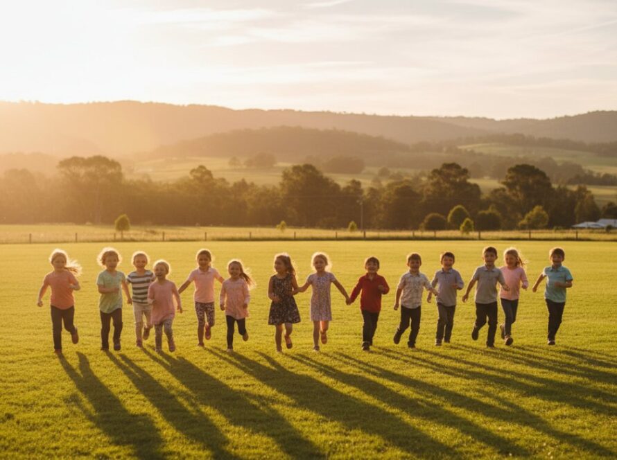 An epic moment captured in Woori Yallock school photography, showing a group of diverse primary school children laughing joyfully together on a sun-drenched oval, with the lush green hills of the Yarra Valley in the background, a warm golden hour glow, evoking genuine happiness and friendship.