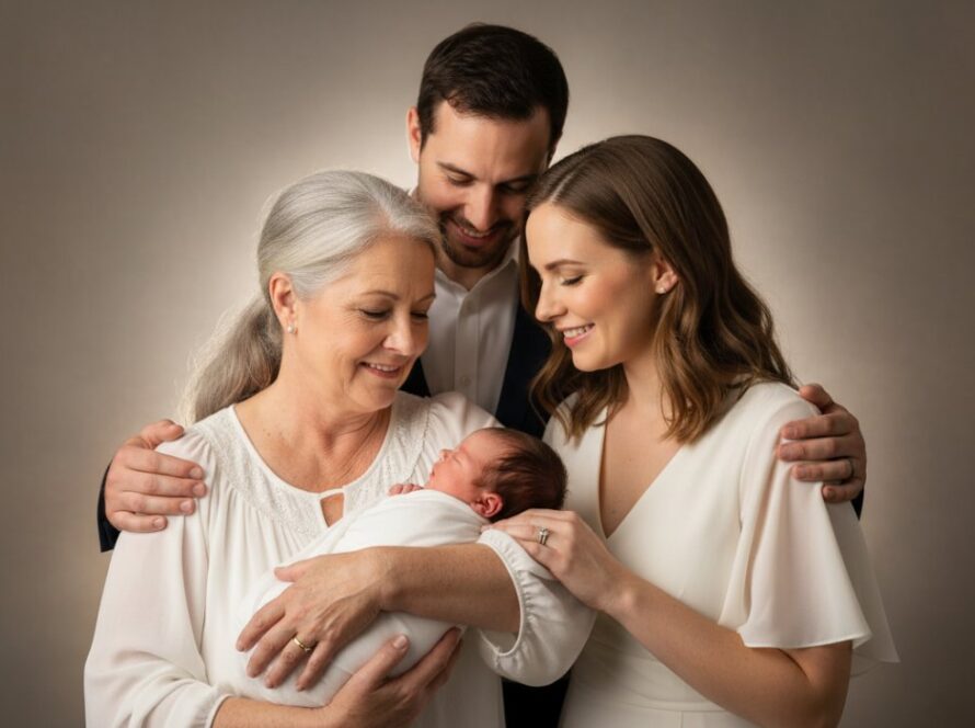 An emotionally resonant, cinematic studio photograph of a joyous Woori Yallock family embracing, captured with expert Woori Yallock studio portrait photography for families. Warm, soft lighting highlights their genuine smiles against a subtle, elegant backdrop, creating an epic moment of connection.