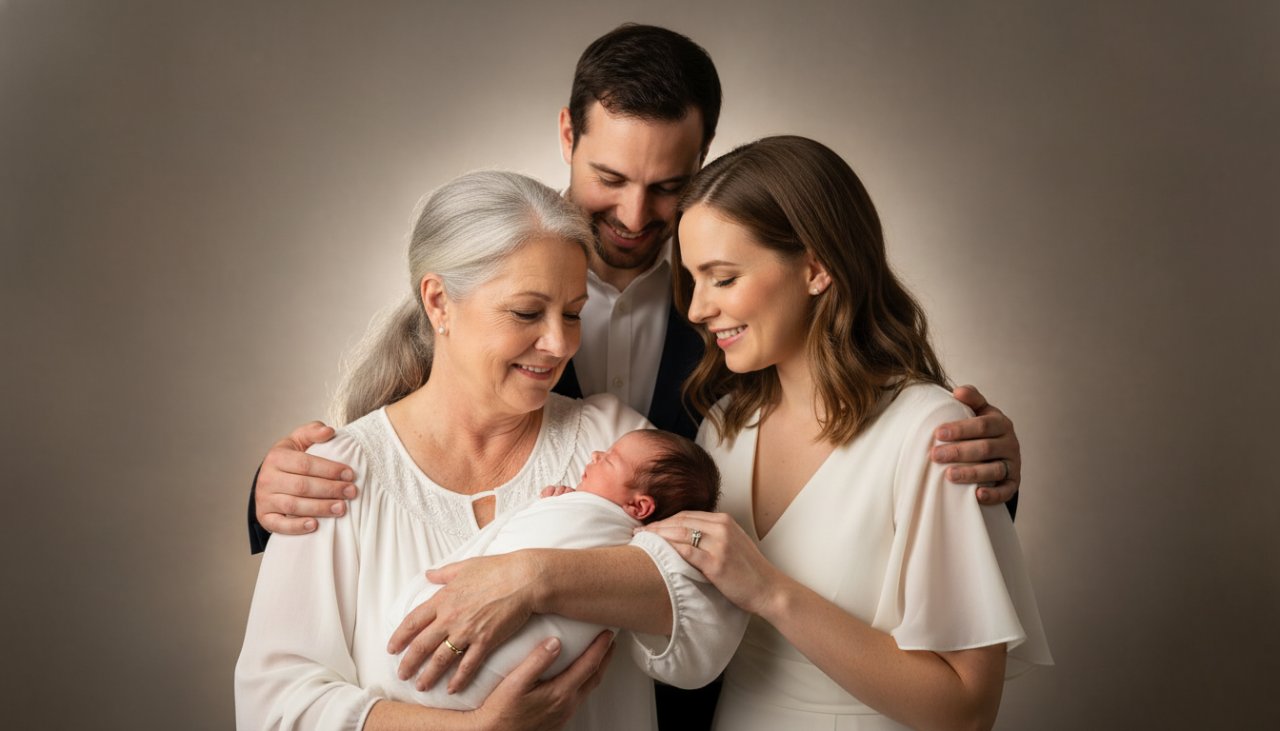 An emotionally resonant, cinematic studio photograph of a joyous Woori Yallock family embracing, captured with expert Woori Yallock studio portrait photography for families. Warm, soft lighting highlights their genuine smiles against a subtle, elegant backdrop, creating an epic moment of connection.