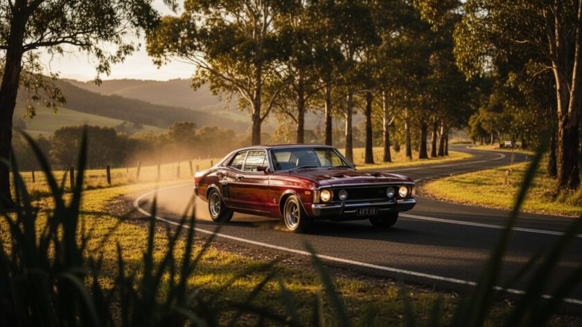 An epic moment of a gleaming, perfectly restored vintage Holden cruising along a winding country road in Woori Yallock, Victoria, bathed in golden hour light, showcasing expert Woori Yallock vintage car photography Yarra Valley.
