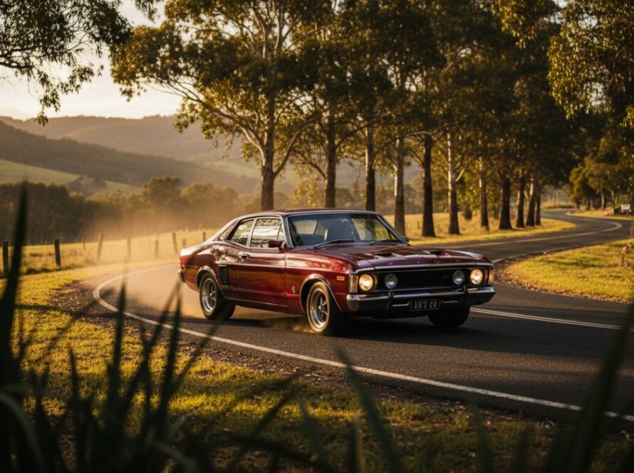 An epic moment of a gleaming, perfectly restored vintage Holden cruising along a winding country road in Woori Yallock, Victoria, bathed in golden hour light, showcasing expert Woori Yallock vintage car photography Yarra Valley.