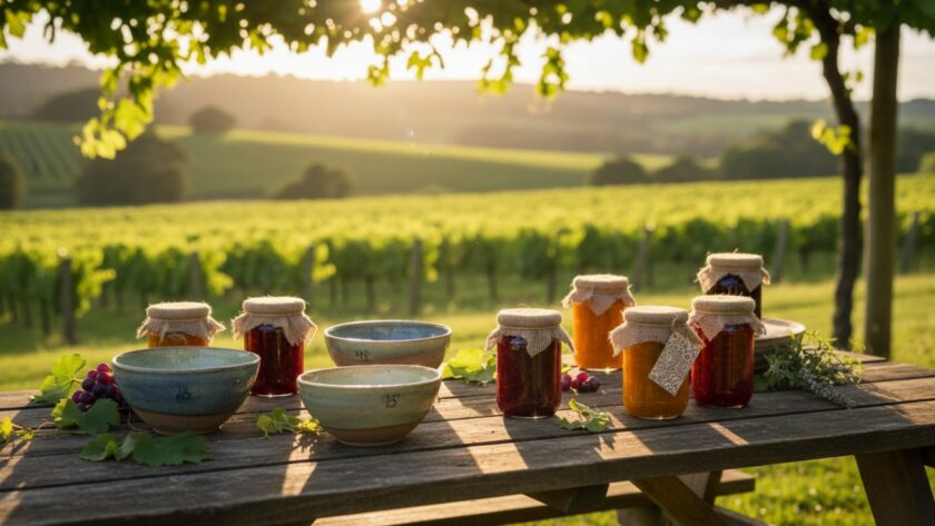 Yarra Glen artisanal product photography for local businesses, featuring a dramatic shot of handcrafted ceramic mugs bathed in golden hour light on a rustic wooden table, with the rolling vineyards of the Yarra Valley visible softly in the background, conveying quality and local charm.