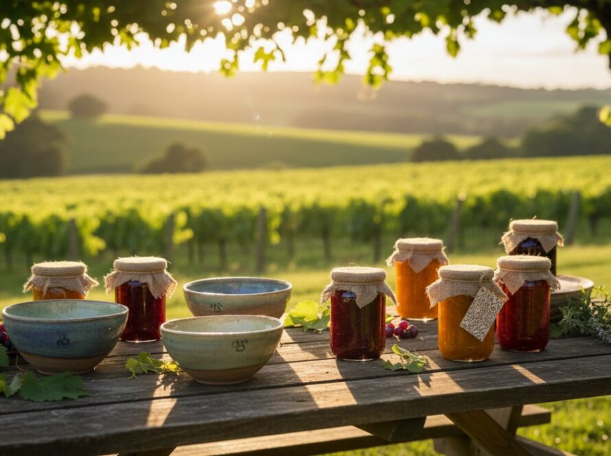 Yarra Glen artisanal product photography for local businesses, featuring a dramatic shot of handcrafted ceramic mugs bathed in golden hour light on a rustic wooden table, with the rolling vineyards of the Yarra Valley visible softly in the background, conveying quality and local charm.