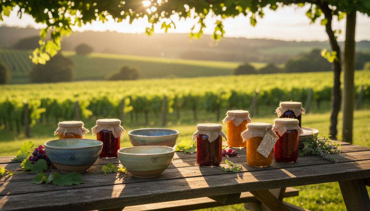 Yarra Glen artisanal product photography for local businesses, featuring a dramatic shot of handcrafted ceramic mugs bathed in golden hour light on a rustic wooden table, with the rolling vineyards of the Yarra Valley visible softly in the background, conveying quality and local charm.