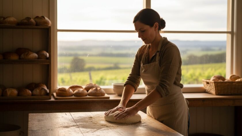A dynamic, high-angle shot capturing a Yarra Glen bespoke brand photography for small businesses session, showing a local artisan passionately crafting a product in their sunlit Yarra Glen studio, surrounded by their unique creations, with the rolling hills of the Yarra Valley visible through a large window in the background, conveying authenticity and creativity.