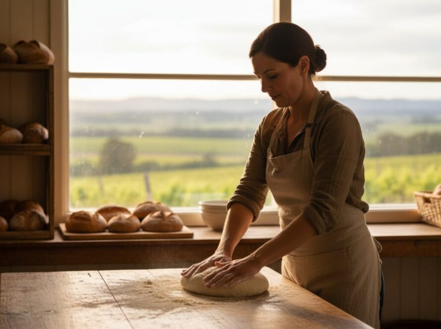 A dynamic, high-angle shot capturing a Yarra Glen bespoke brand photography for small businesses session, showing a local artisan passionately crafting a product in their sunlit Yarra Glen studio, surrounded by their unique creations, with the rolling hills of the Yarra Valley visible through a large window in the background, conveying authenticity and creativity.