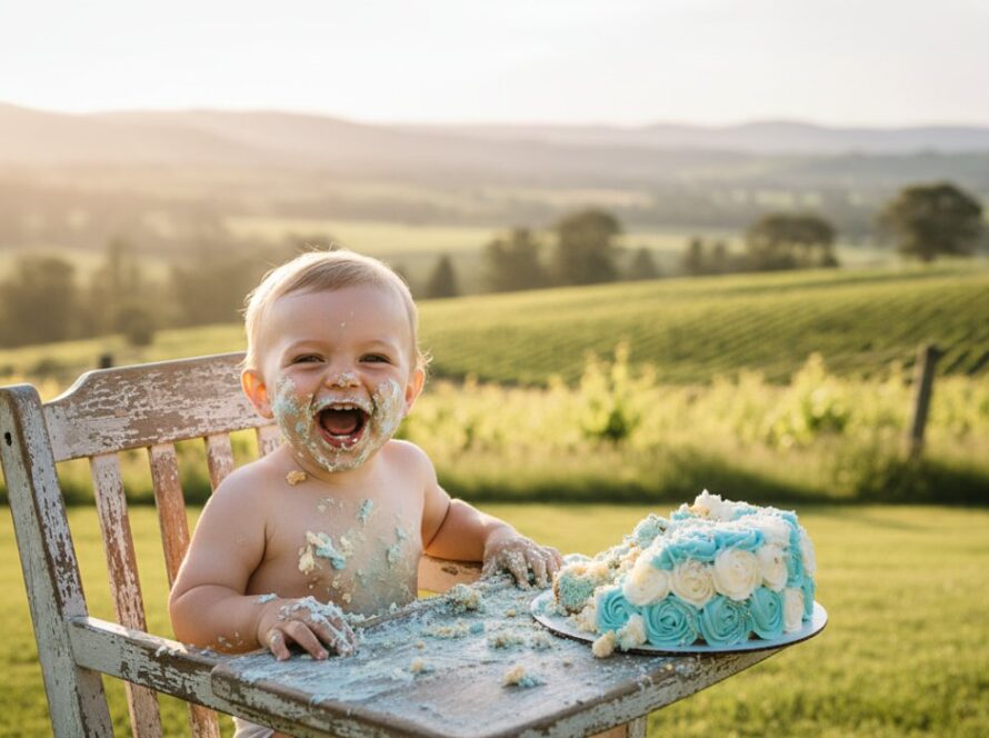 An epic moment of a one-year-old child covered in cake, laughing joyfully amidst a rustic, sun-drenched Yarra Glen vineyard backdrop, capturing the pure bliss of a Yarra Glen Cake Smash Photography Joyful First Birthday celebration.