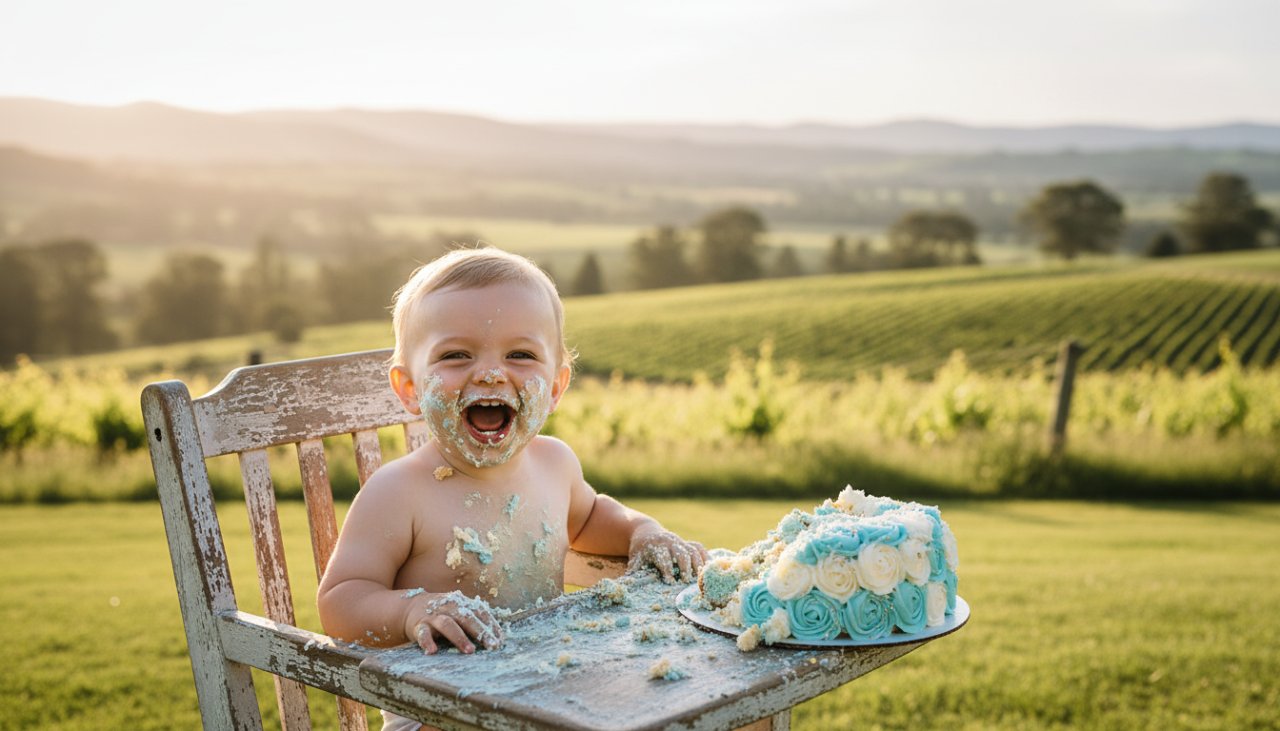 An epic moment of a one-year-old child covered in cake, laughing joyfully amidst a rustic, sun-drenched Yarra Glen vineyard backdrop, capturing the pure bliss of a Yarra Glen Cake Smash Photography Joyful First Birthday celebration.