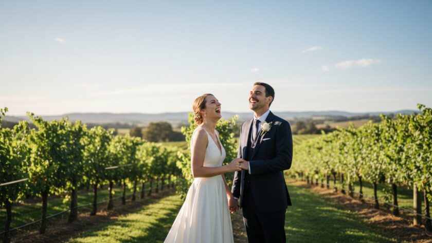 Yarra Glen candid photography authentic moments captured: A bride and groom laughing joyfully under a canopy of ancient gums at a Yarra Glen winery, late afternoon golden hour light filtering through, creating a warm, ethereal glow around them, seen from a natural, unobtrusive angle that highlights their pure, unposed happiness.