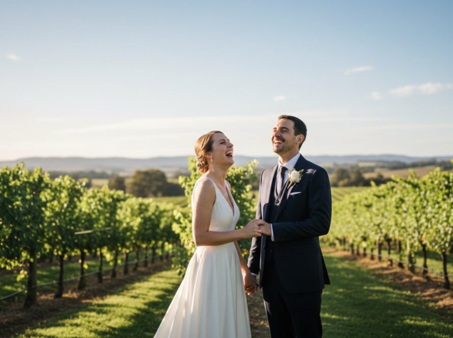 Yarra Glen candid photography authentic moments captured: A bride and groom laughing joyfully under a canopy of ancient gums at a Yarra Glen winery, late afternoon golden hour light filtering through, creating a warm, ethereal glow around them, seen from a natural, unobtrusive angle that highlights their pure, unposed happiness.