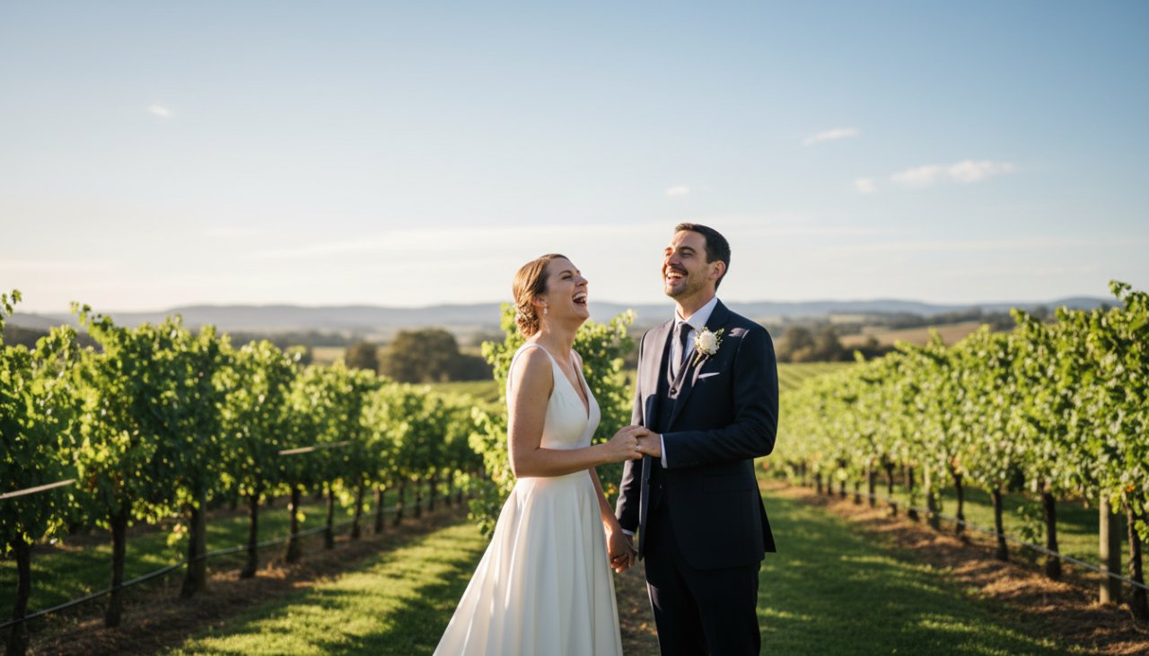 Yarra Glen candid photography authentic moments captured: A bride and groom laughing joyfully under a canopy of ancient gums at a Yarra Glen winery, late afternoon golden hour light filtering through, creating a warm, ethereal glow around them, seen from a natural, unobtrusive angle that highlights their pure, unposed happiness.