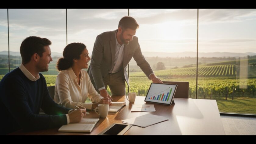 A vibrant and professional Yarra Glen corporate photography solutions for local businesses, capturing an engaged team collaborating dynamically in a sunlit modern office space within the Yarra Valley, showcasing synergy and success.