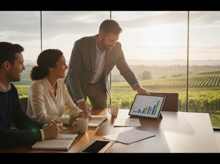 A vibrant and professional Yarra Glen corporate photography solutions for local businesses, capturing an engaged team collaborating dynamically in a sunlit modern office space within the Yarra Valley, showcasing synergy and success.