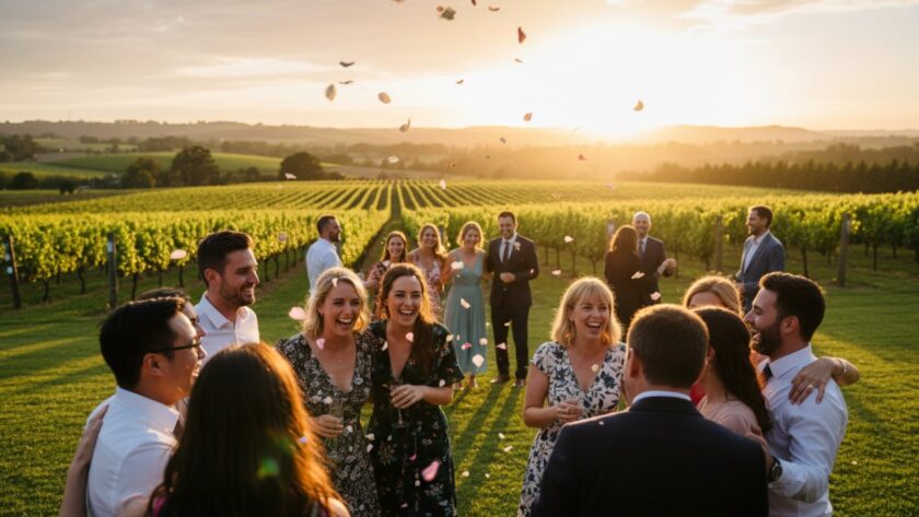 A vibrant and joyous wide shot of guests laughing and cheering at an outdoor Yarra Glen event, beautifully captured with Yarra Glen event photography capturing authentic joy, against the backdrop of rolling vineyards at sunset.