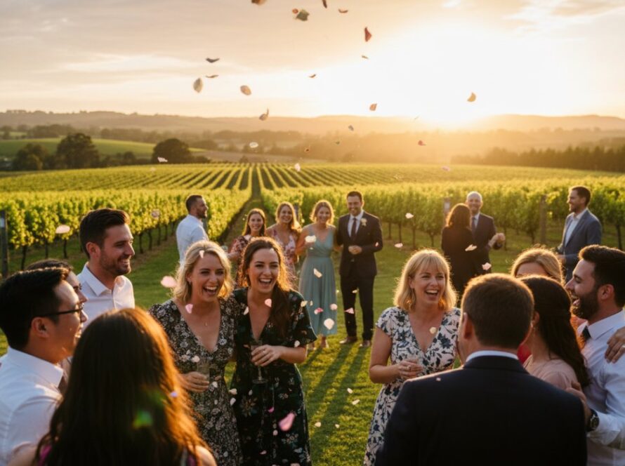 A vibrant and joyous wide shot of guests laughing and cheering at an outdoor Yarra Glen event, beautifully captured with Yarra Glen event photography capturing authentic joy, against the backdrop of rolling vineyards at sunset.