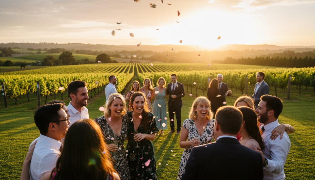 A vibrant and joyous wide shot of guests laughing and cheering at an outdoor Yarra Glen event, beautifully captured with Yarra Glen event photography capturing authentic joy, against the backdrop of rolling vineyards at sunset.