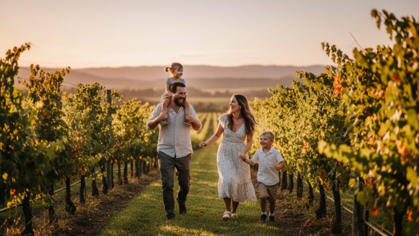 An epic moment of a family laughing joyfully in a sun-drenched vineyard at sunset, encapsulating Yarra Glen family photography capturing genuine joy, with rolling hills in the background.