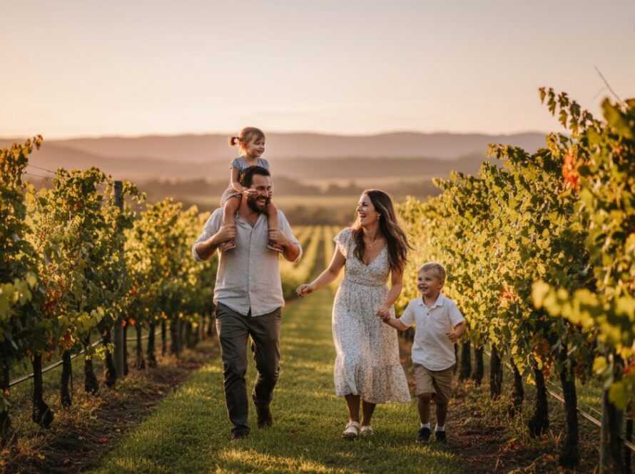 An epic moment of a family laughing joyfully in a sun-drenched vineyard at sunset, encapsulating Yarra Glen family photography capturing genuine joy, with rolling hills in the background.