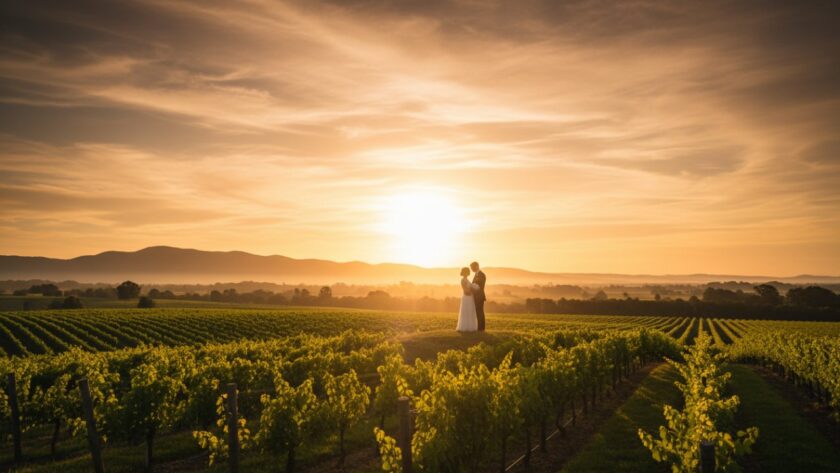 An emotionally resonant, epic moment captured in Yarra Glen fine art photography celebrating scenic beauty, featuring a couple embracing under the golden hour light in a vineyard, with the rolling hills and distant mountains of the Yarra Valley in the background, creating a cinematic and painterly feel.