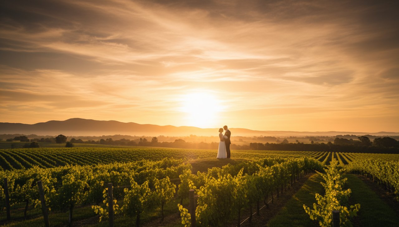 An emotionally resonant, epic moment captured in Yarra Glen fine art photography celebrating scenic beauty, featuring a couple embracing under the golden hour light in a vineyard, with the rolling hills and distant mountains of the Yarra Valley in the background, creating a cinematic and painterly feel.