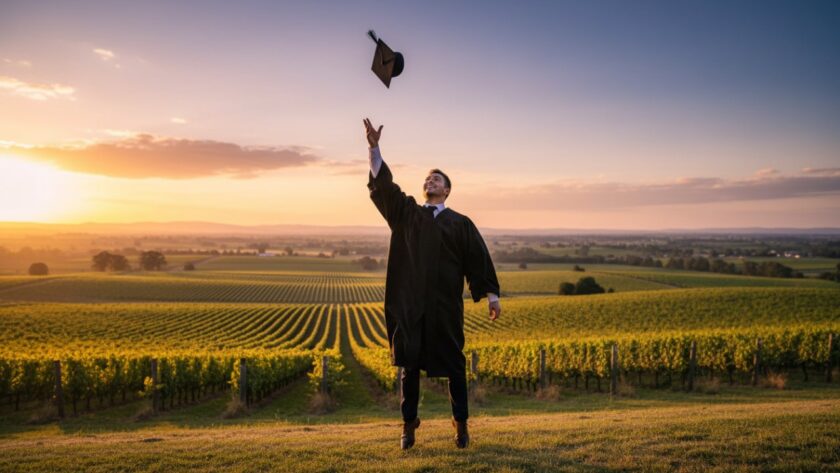 An emotionally charged 'epic moment' photograph of a graduate in their cap and gown, joyously throwing their mortarboard into the air against the breathtaking backdrop of a sunset over the rolling vineyards of Yarra Glen, Victoria, showcasing a successful Yarra Glen graduation photoshoot.