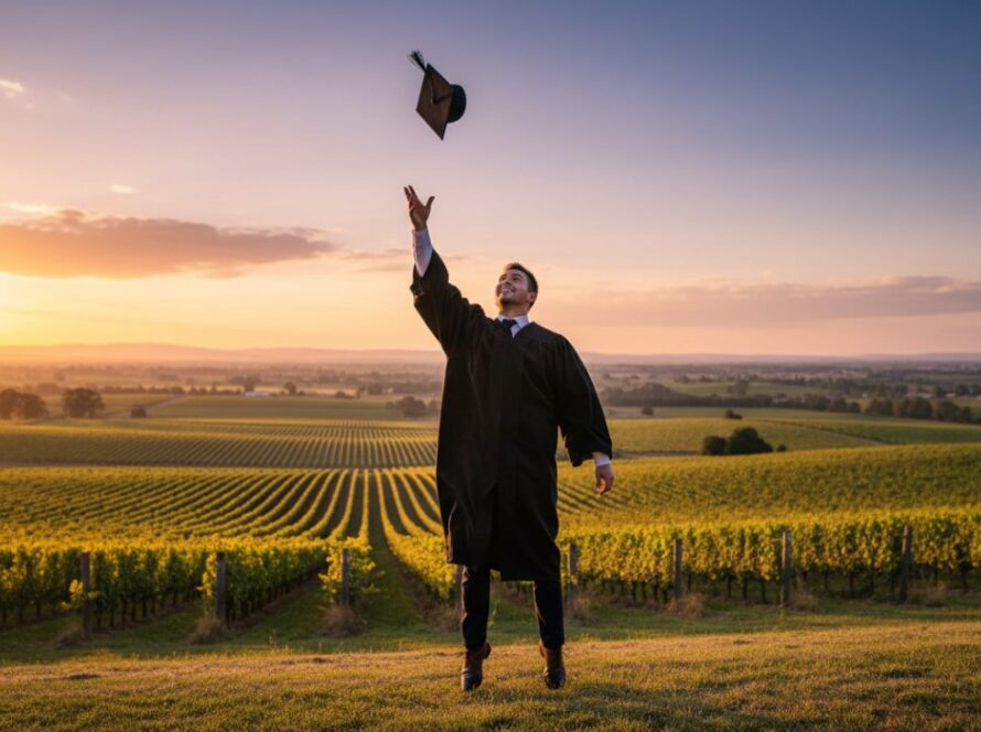 An emotionally charged 'epic moment' photograph of a graduate in their cap and gown, joyously throwing their mortarboard into the air against the breathtaking backdrop of a sunset over the rolling vineyards of Yarra Glen, Victoria, showcasing a successful Yarra Glen graduation photoshoot.