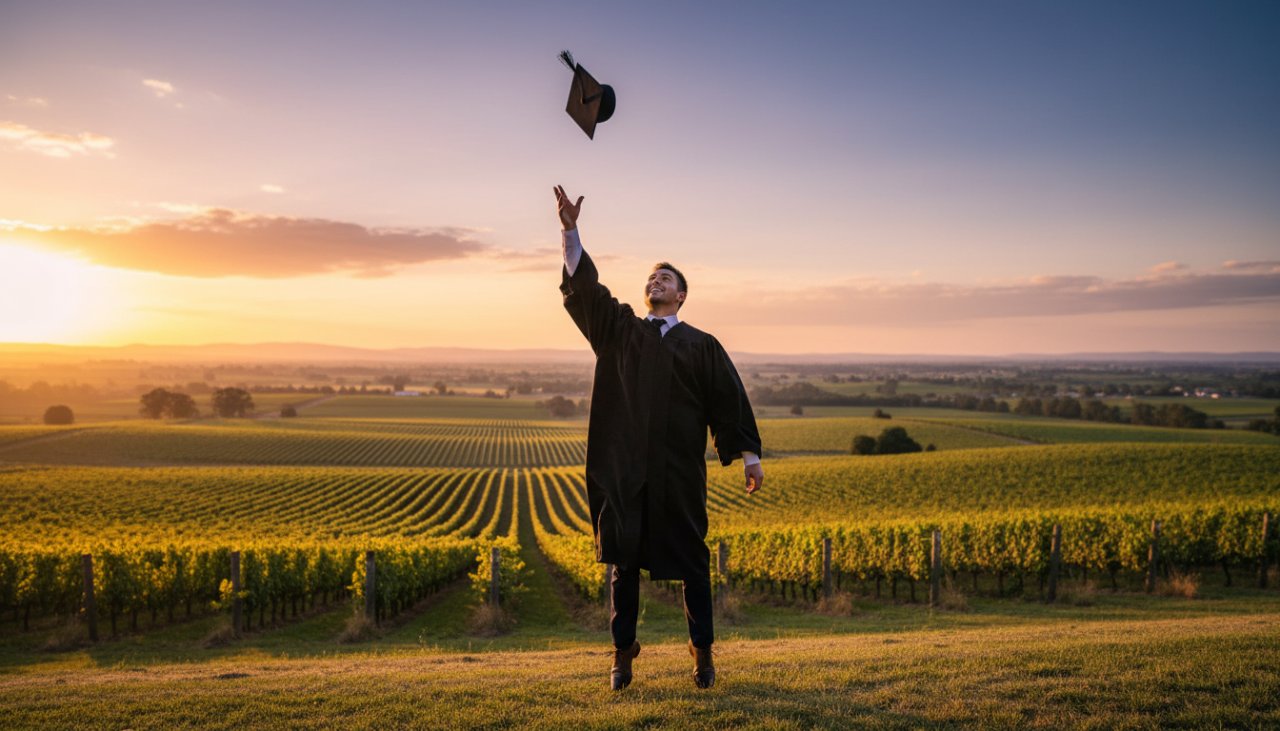 An emotionally charged 'epic moment' photograph of a graduate in their cap and gown, joyously throwing their mortarboard into the air against the breathtaking backdrop of a sunset over the rolling vineyards of Yarra Glen, Victoria, showcasing a successful Yarra Glen graduation photoshoot.