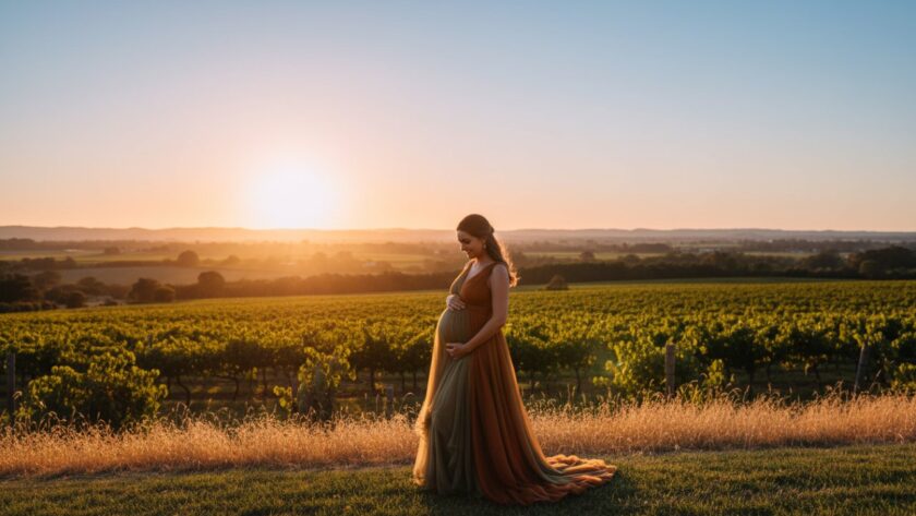 An expectant mother, silhouetted against a breathtaking golden hour sunset over the Yarra Glen vineyards, holding her baby bump. This Yarra Glen Maternity Photography Golden Hour Session captures an epic, serene, and emotional moment.