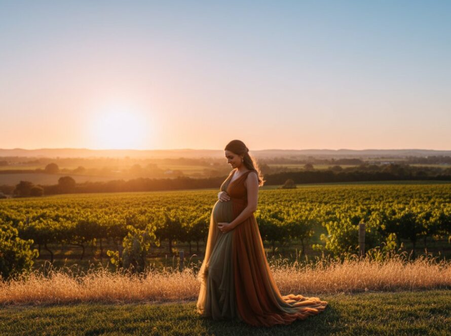 An expectant mother, silhouetted against a breathtaking golden hour sunset over the Yarra Glen vineyards, holding her baby bump. This Yarra Glen Maternity Photography Golden Hour Session captures an epic, serene, and emotional moment.