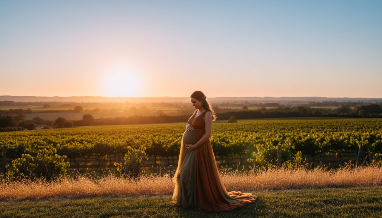 An expectant mother, silhouetted against a breathtaking golden hour sunset over the Yarra Glen vineyards, holding her baby bump. This Yarra Glen Maternity Photography Golden Hour Session captures an epic, serene, and emotional moment.