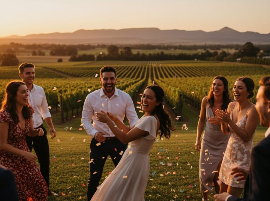 A joyous group of friends laughing heartily at a Yarra Glen party, with warm golden hour light illuminating their faces, capturing authentic Yarra Glen party photography candid moments.